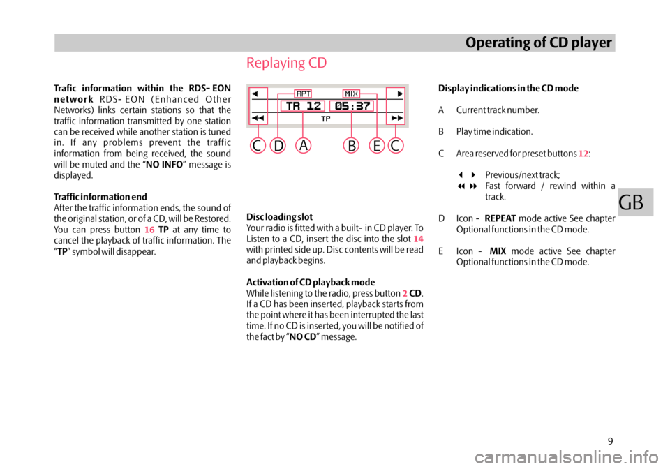 SKODA FABIA 2006 2.G / 5J Dance Car Radio Manual Trafic information within the RDS- EON
network
NO INFO
Traffic information end
TP
TPRDS- EON (Enhanced Other
Networks) links certain stations so that the
traffic information transmitted by one station