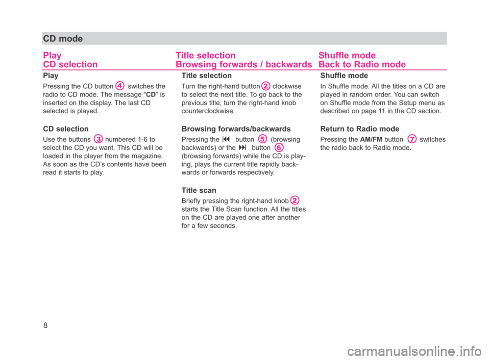 SKODA FABIA 2006 2.G / 5J Beat Car Radio Manual 8
CD mode
Play Title selection Shuffle mode
CD selection Browsing forwards / backwards Back to Radio mode
Play
Pressing the CD button       switches the
radio to CD mode. The message "CD” is
inserte