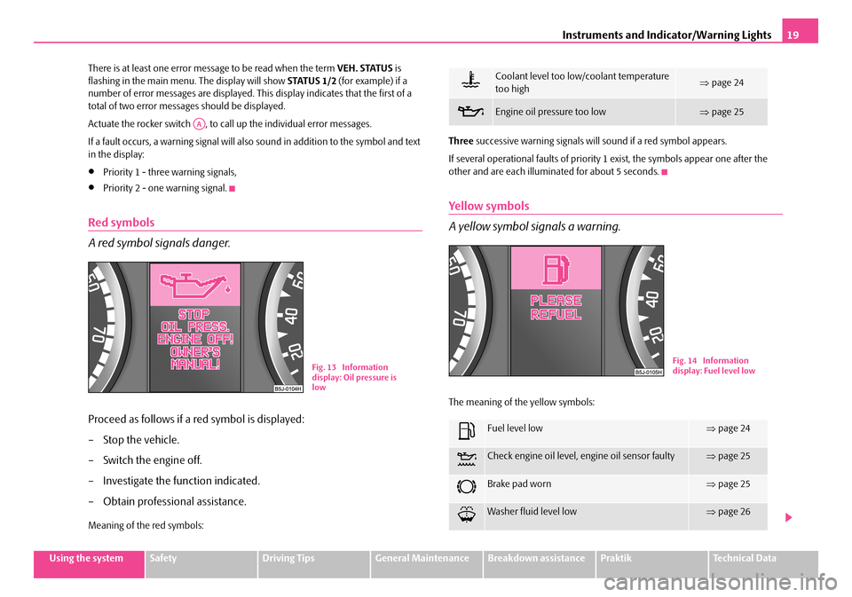 SKODA ROOMSTER 2007 1.G Owners Manual Instruments and Indicator/Warning Lights19
Using the systemSafetyDriving TipsGeneral MaintenanceBreakdown assistancePraktikTechnical Data 
There is at least one error message to be read when the term 