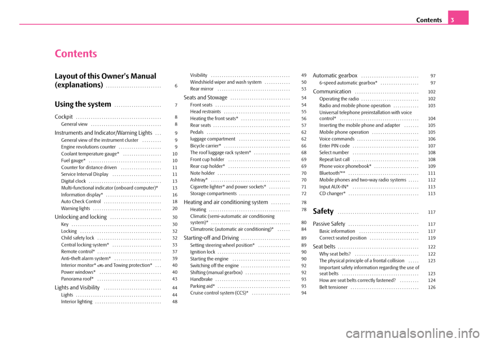 SKODA ROOMSTER 2007 1.G Owners Manual Contents3
Contents
Layout of this Owners Manual
(explanations). . . . . . . . . . . . . . . . . . . . . . . . . .
Using the system. . . . . . . . . . . . . . . . . . . . . .
Cockpit. . . . . . . SKODA ROOMSTER 2007 1.G Owners Manual Contents3
Contents
Layout of this Owners Manual
(explanations). . . . . . . . . . . . . . . . . . . . . . . . . .
Using the system. . . . . . . . . . . . . . . . . . . . . .
Cockpit. . . . . . .