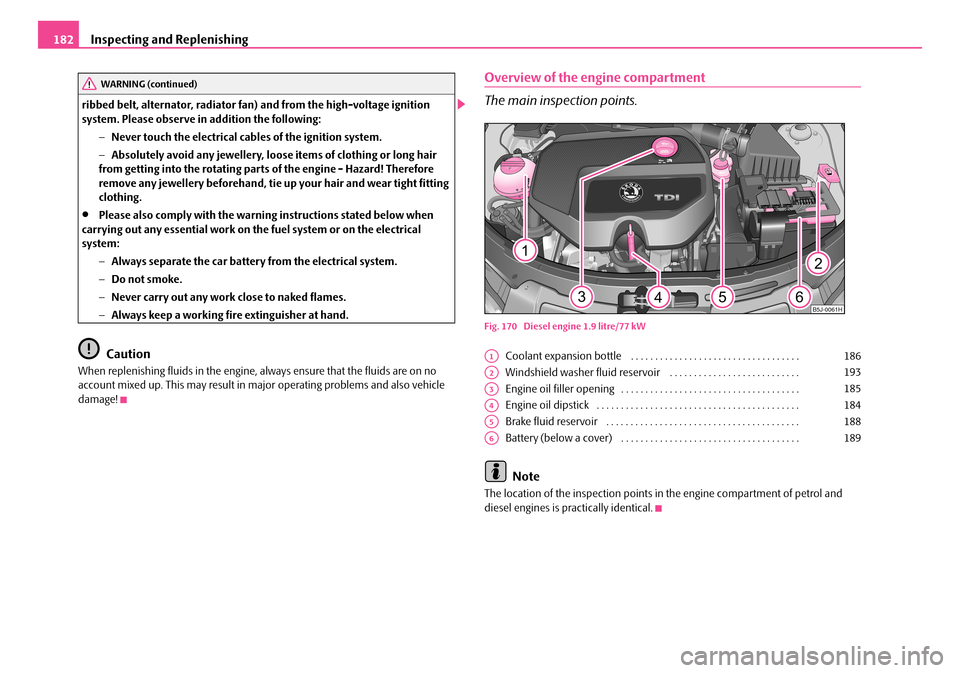 SKODA FABIA 2008 2.G / 5J Owners Manual 
Inspecting and Replenishing182
ribbed belt, alternator, radiator fan) and from the high-voltage ignition system. Please observe in addition the following:
−Never touch the electrical cables of the 