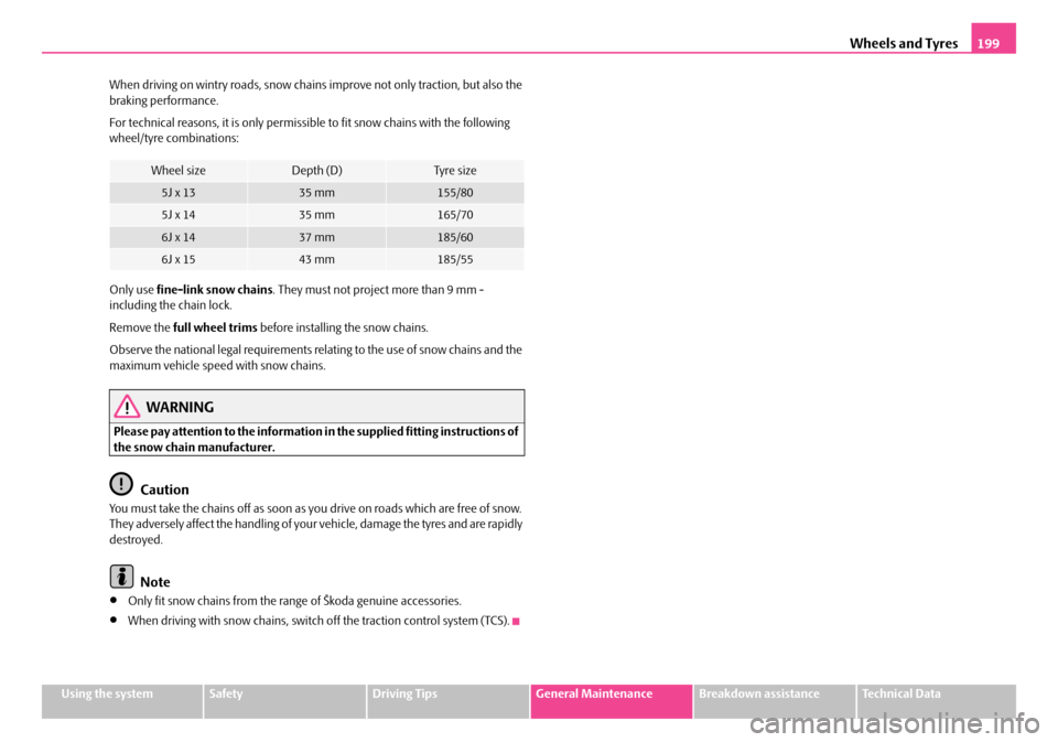 SKODA FABIA 2008 2.G / 5J Owners Manual 
Wheels and Tyres199
Using the systemSafetyDriving TipsGeneral MaintenanceBreakdown assistanceTechnical Data
When driving on wintry roads, snow chains improve not only traction, but also the braking p