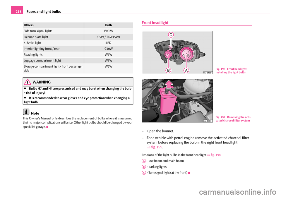 SKODA FABIA 2008 2.G / 5J Owners Manual 
Fuses and light bulbs218
WARNING
•Bulbs H7 and H4 are pressurised and may burst when changing the bulb - risk of injury!
•It is recommended to wear gloves and eye protection when changing a light