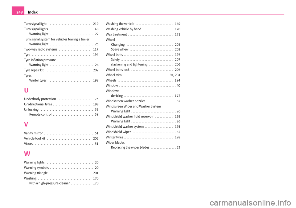 SKODA FABIA 2008 2.G / 5J Owners Manual 
Index248
Turn signal light  . . . . . . . . . . . . . . . . . . . . . . . . . . . . .  219
Turn signal lights  . . . . . . . . . . . . . . . . . . . . . . . . . . . . .  48
Warning light  . . . . . .