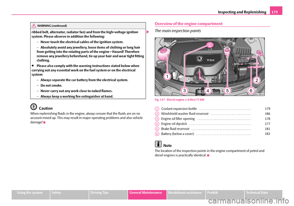 SKODA ROOMSTER 2008 1.G Owners Manual Inspecting and Replenishing175
Using the systemSafetyDriving TipsGeneral MaintenanceBreakdown assistancePraktikTechnical Data 
ribbed belt, alternator, radiator fan) and from the high-voltage ignition