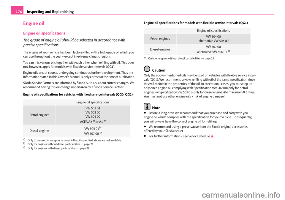 SKODA ROOMSTER 2008 1.G Owners Manual Inspecting and Replenishing176
Engine oil
Engine oil specifications 
The grade of engine oil should be selected in accordance with  
precise specifications.
The engine of your vehicle has been fact or