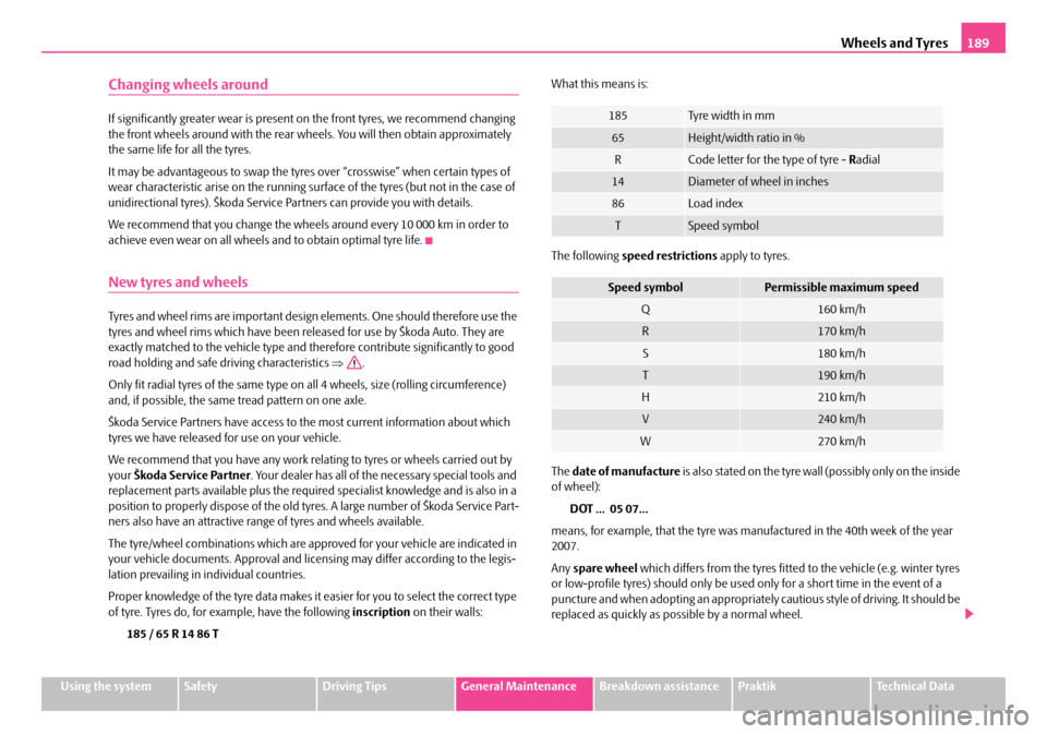 SKODA ROOMSTER 2008 1.G Owners Manual Wheels and Tyres189
Using the systemSafetyDriving TipsGeneral MaintenanceBreakdown assistancePraktikTechnical Data
Changing wheels around
If significantly greater wear is present on the front tyres, w SKODA ROOMSTER 2008 1.G Owners Manual Wheels and Tyres189
Using the systemSafetyDriving TipsGeneral MaintenanceBreakdown assistancePraktikTechnical Data
Changing wheels around
If significantly greater wear is present on the front tyres, w