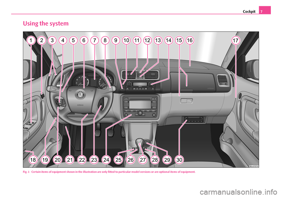 SKODA ROOMSTER 2008 1.G Owners Manual Cockpit7
Using the system
Fig. 1 Certain items of equipment shown in the illustration are only fitted to particular model versions or are optional items of equipment.
NKO A05R 20 MR08.book Page 7 W SKODA ROOMSTER 2008 1.G Owners Manual Cockpit7
Using the system
Fig. 1 Certain items of equipment shown in the illustration are only fitted to particular model versions or are optional items of equipment.
NKO A05R 20 MR08.book Page 7 W