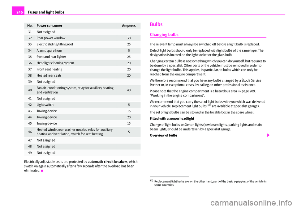 SKODA SUPERB 2008 2.G / (B6/3T) User Guide Fuses and light bulbs
246
Electrically adjustable seats are protected by  automatic circuit breakers, which 
switch on again automatically after a few seconds after the overload has been 
eliminated.
