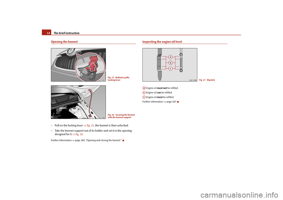 SKODA FABIA 2009 2.G / 5J Owners Manual The brief instruction 14Opening the bonnet– Pull on the locking lever ⇒fig. 15, the bonnet is then unlocked.
– Take the bonnet support out of its holder and set it in the opening 
designed for i