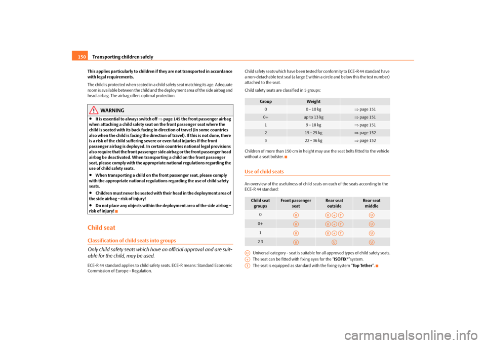 SKODA FABIA 2009 2.G / 5J Owners Manual Transporting children safely 150This applies particularly to children if they are not transported in accordance 
with legal requirements.
The child is protected when seated in a child safety seat matc