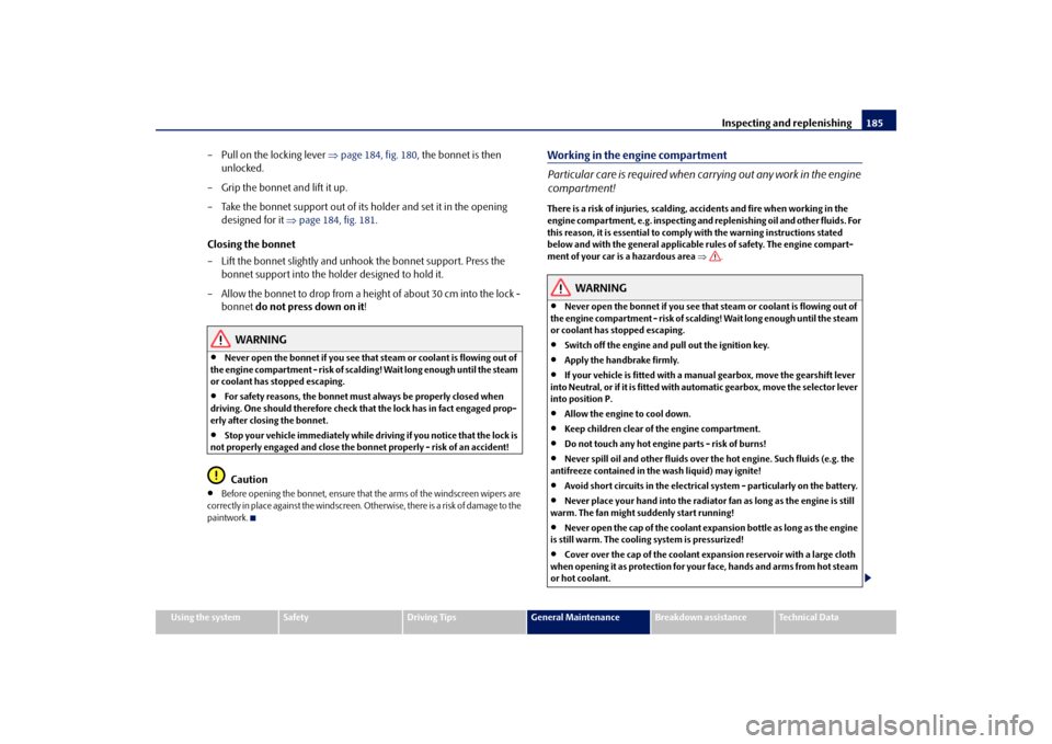 SKODA FABIA 2009 2.G / 5J Owners Guide Inspecting and replenishing185
Using the system
Safety
Driving Tips
General Maintenance
Breakdown assistance
Technical Data
– Pull on the locking lever ⇒page 184, fig. 180, the bonnet is then 
unl