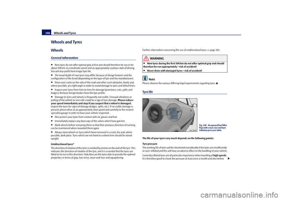 SKODA FABIA 2009 2.G / 5J Owners Manual Wheels and Tyres 198Wheels and TyresWheelsGeneral information•
New tyres do not offer optimal grip at first and should therefore be run in for 
about 500 km at a moderate speed and an appropriately 