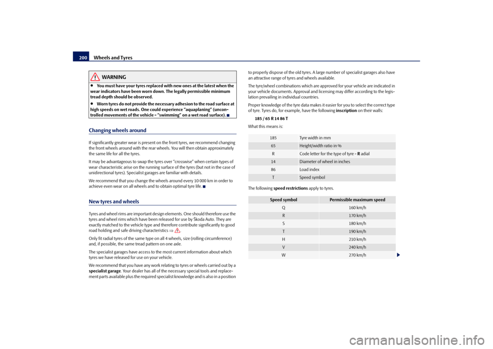 SKODA FABIA 2009 2.G / 5J Owners Manual Wheels and Tyres 200
WARNING
•
You must have your tyres replaced with new ones at the latest when the 
wear indicators have been worn down. The legally permissible minimum 
tread depth should be obs