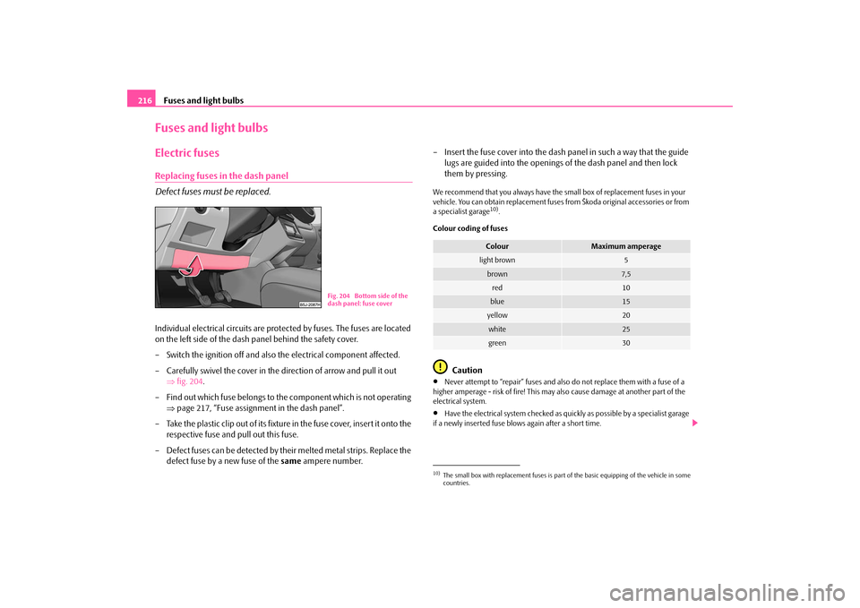 SKODA FABIA 2009 2.G / 5J Owners Manual Fuses and light bulbs 216Fuses and light bulbsElectric fusesReplacing fuses in the dash panel
Defect fuses must be replaced.Individual electrical circuits are protected by fuses. The fuses are located SKODA FABIA 2009 2.G / 5J Owners Manual Fuses and light bulbs 216Fuses and light bulbsElectric fusesReplacing fuses in the dash panel
Defect fuses must be replaced.Individual electrical circuits are protected by fuses. The fuses are located