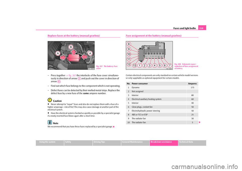 SKODA FABIA 2009 2.G / 5J Owners Guide Fuses and light bulbs219
Using the system
Safety
Driving Tips
General Maintenance
Breakdown assistance
Technical Data
Replace fuses at the battery (manual gearbox)– Press together ⇒fig. 207 the in