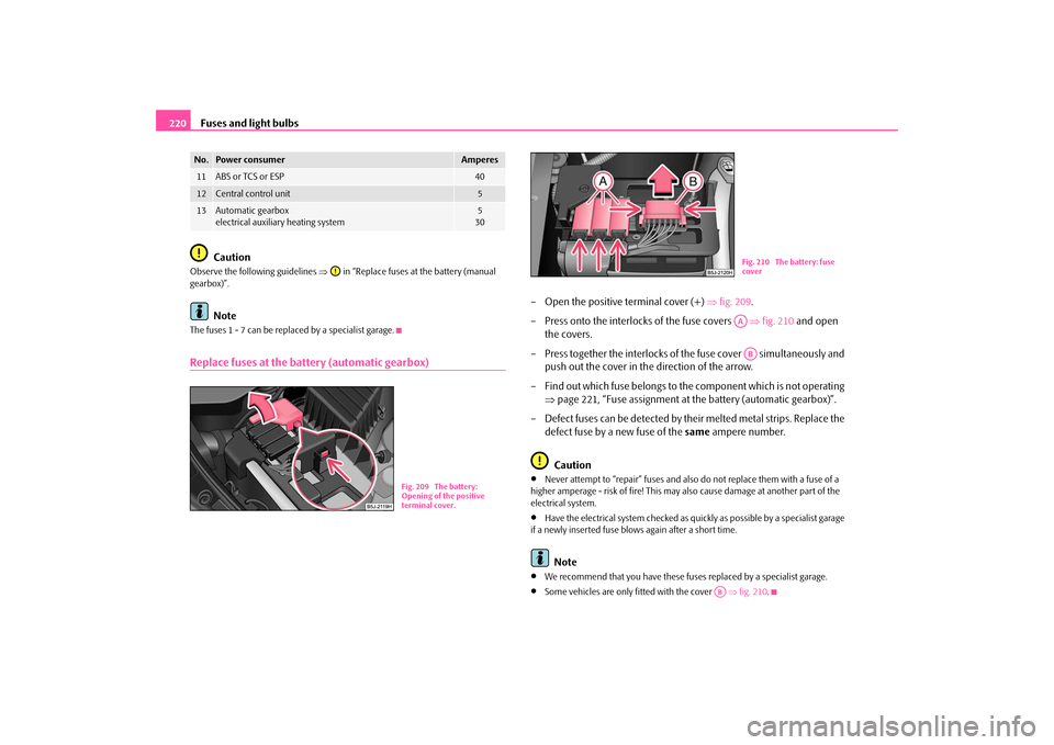 SKODA FABIA 2009 2.G / 5J Owners Manual Fuses and light bulbs 220
CautionObserve the following guidelines ⇒ in “Replace fuses at the battery (manual 
gearbox)”.
Note
The fuses 1 - 7 can be replaced by a specialist garage.Replace fuses