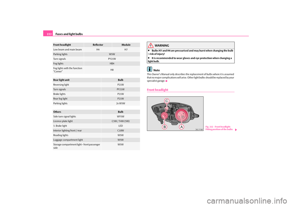 SKODA FABIA 2009 2.G / 5J Owners Manual Fuses and light bulbs 222
WARNING
•
Bulbs H7 and H4 are pressurised and may burst when changing the bulb 
- risk of injury!
•
It is recommended to wear gloves and eye protection when changing a 
l