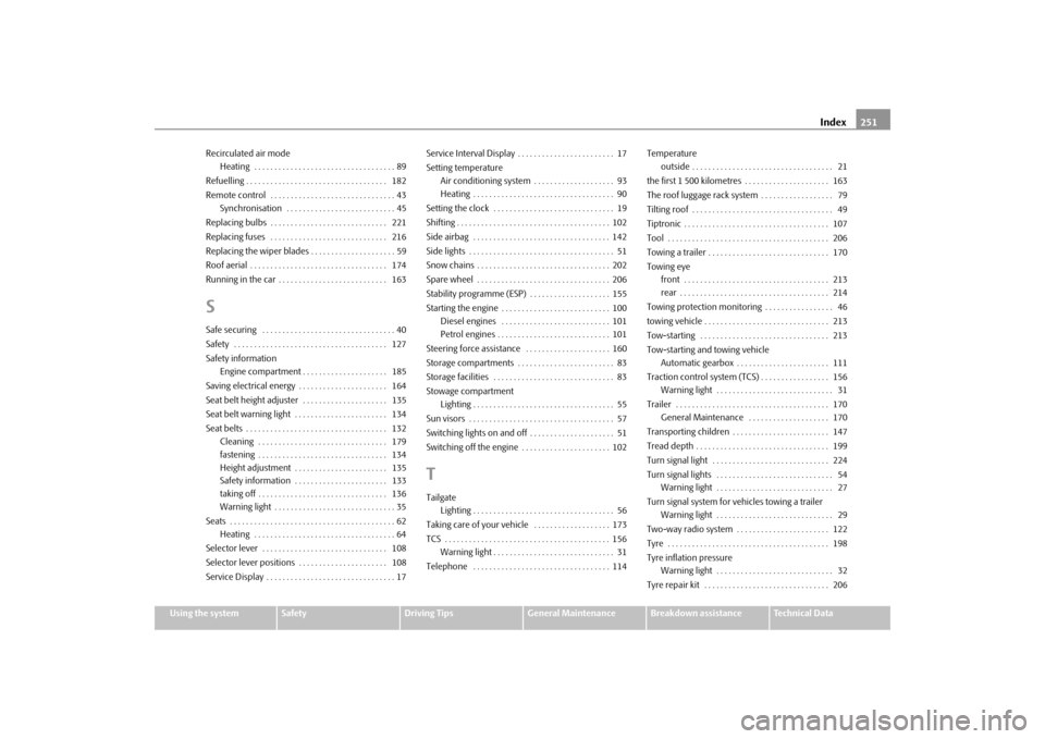 SKODA FABIA 2009 2.G / 5J Owners Manual Index251
Using the system
Safety
Driving Tips
General Maintenance
Breakdown assistance
Technical Data Recirculated air mode
Heating  . . . . . . . . . . . . . . . . . . . . . . . . . . . . . . . . . .