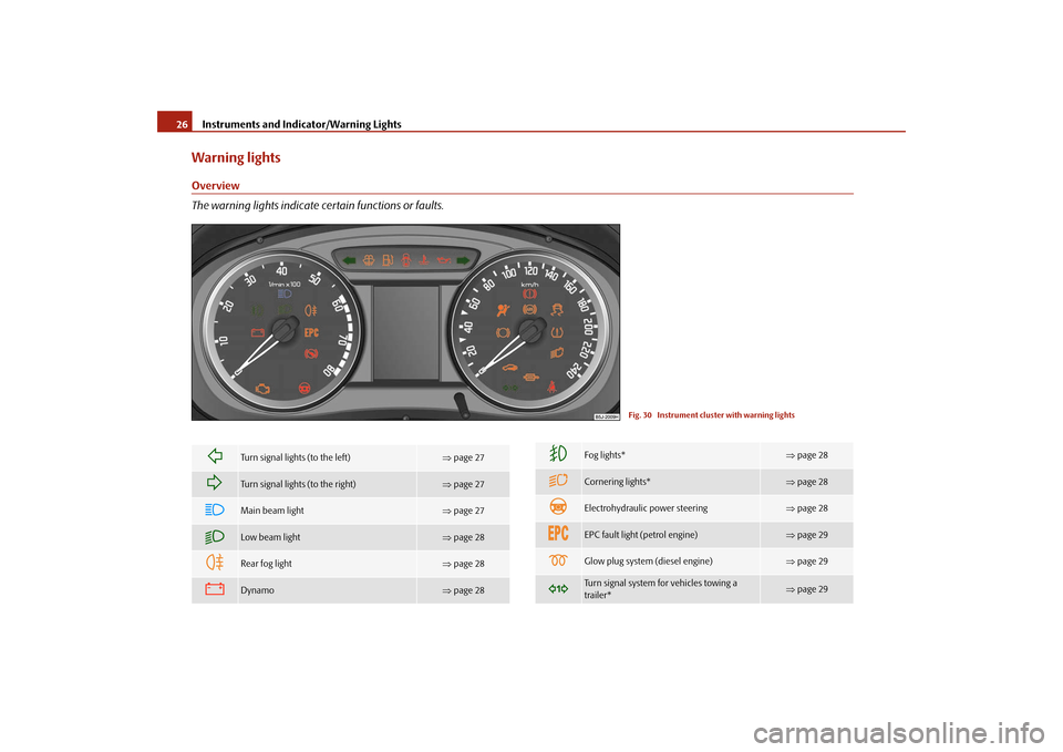 SKODA FABIA 2009 2.G / 5J Owners Guide Instruments and Indicator/Warning Lights 26Warning lightsOverview
The warning lights indicate certain functions or faults.
Fig. 30  Instrument cluster with warning lights

Turn signal lights (to th