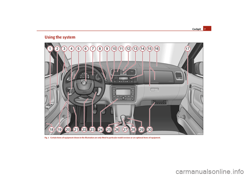 SKODA FABIA 2009 2.G / 5J Owners Manual Cockpit7
Using the systemFig. 1 Certain items of equipment shown in the illustration are only fitted to particular model versions or are optional items of equipment.s3f4.1.book Page 7 Thursday, Jun SKODA FABIA 2009 2.G / 5J Owners Manual Cockpit7
Using the systemFig. 1 Certain items of equipment shown in the illustration are only fitted to particular model versions or are optional items of equipment.s3f4.1.book Page 7 Thursday, Jun