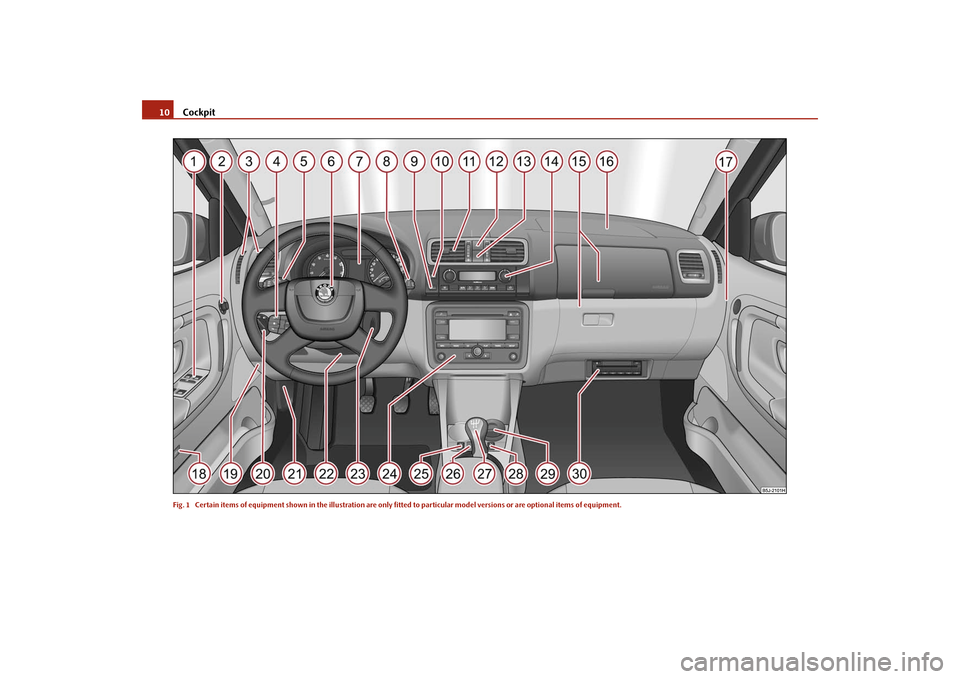 SKODA ROOMSTER 2009 1.G User Guide Cockpit 10Fig. 1  Certain items of equipment shown in the illustration are only fitted to particular model versions or are optional items of equipment.s29g.4.book  Page 10  Wednesday, June 17, 2009  9