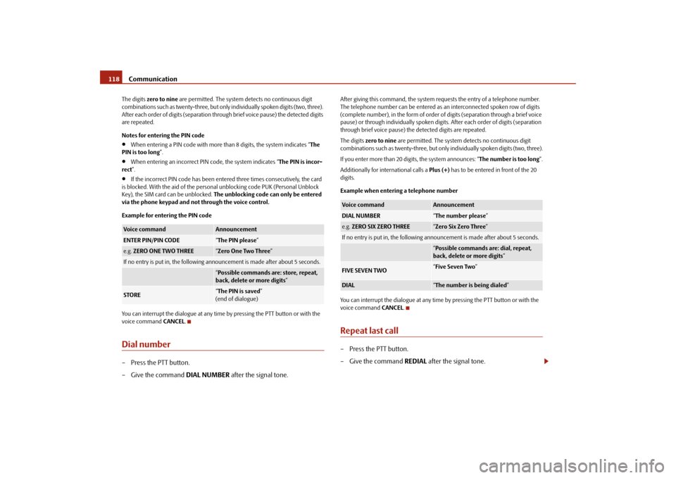 SKODA ROOMSTER 2009 1.G Owners Manual Communication 118The digits zero to nine are permitted. The system detects no continuous digit 
combinations such as twenty-three, but only individually spoken digits (two, three). 
After each order o