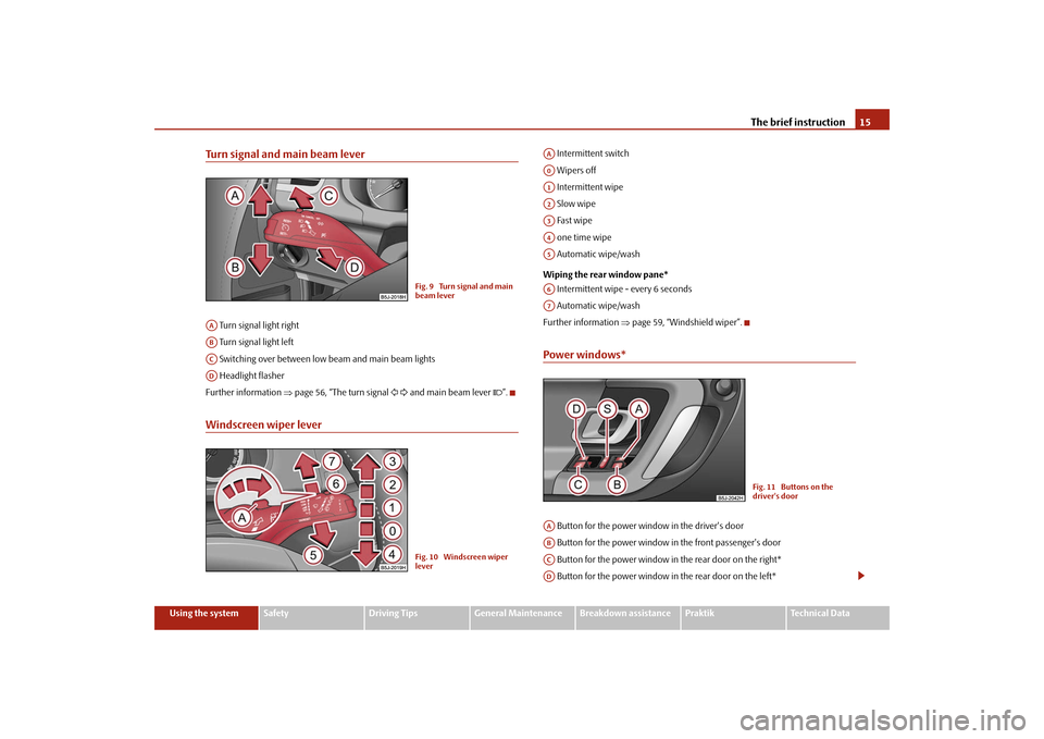 SKODA ROOMSTER 2009 1.G Owners Manual The brief instruction15
Using the system
Safety
Driving Tips
General Maintenance
Breakdown assistance
Praktik
Technical Data
Turn signal and main beam lever Turn signal light right
 Turn signal light 