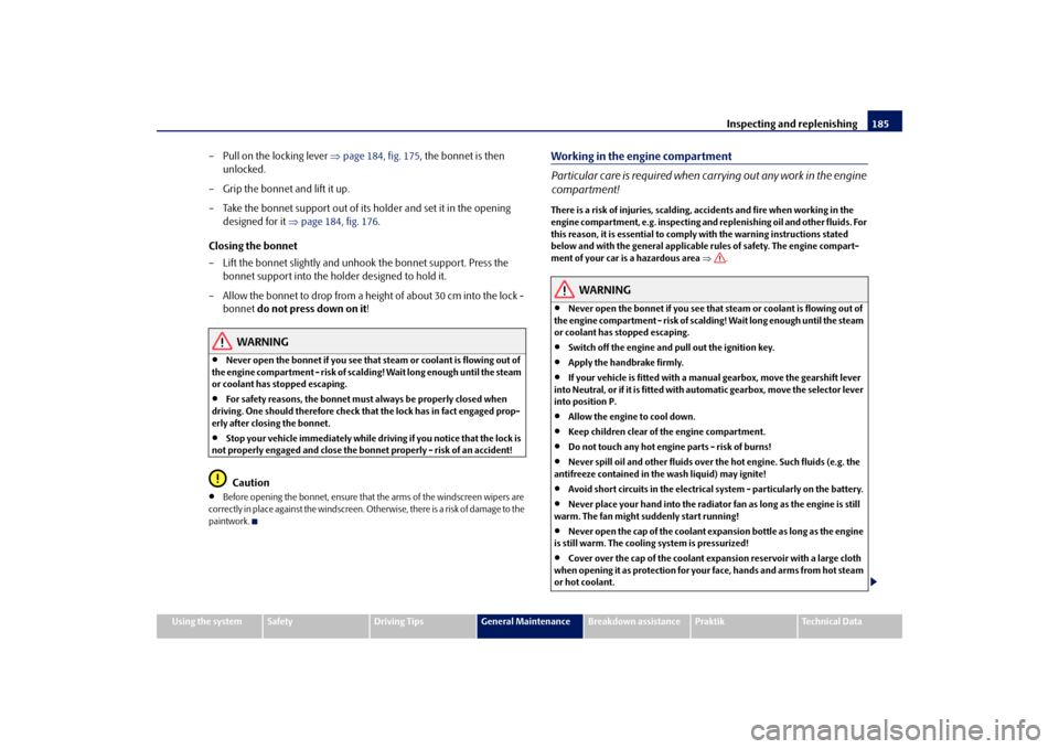 SKODA ROOMSTER 2009 1.G Owners Manual Inspecting and replenishing185
Using the system
Safety
Driving Tips
General Maintenance
Breakdown assistance
Praktik
Technical Data
– Pull on the locking lever ⇒page 184, fig. 175, the bonnet is t