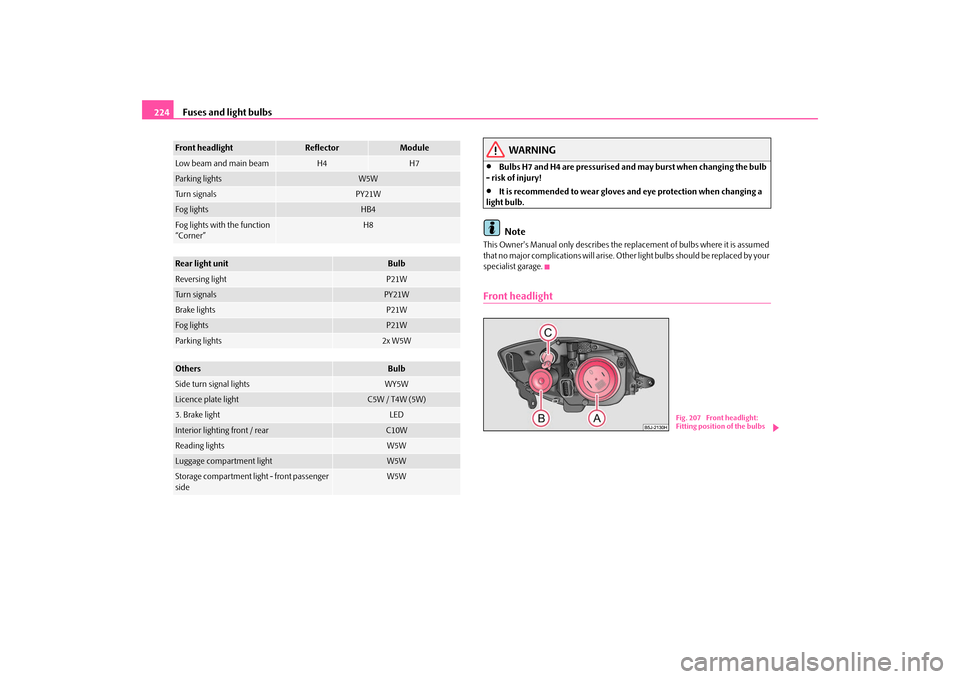 SKODA ROOMSTER 2009 1.G Owners Manual Fuses and light bulbs 224
WARNING
•
Bulbs H7 and H4 are pressurised and may burst when changing the bulb 
- risk of injury!
•
It is recommended to wear gloves and eye protection when changing a 
l