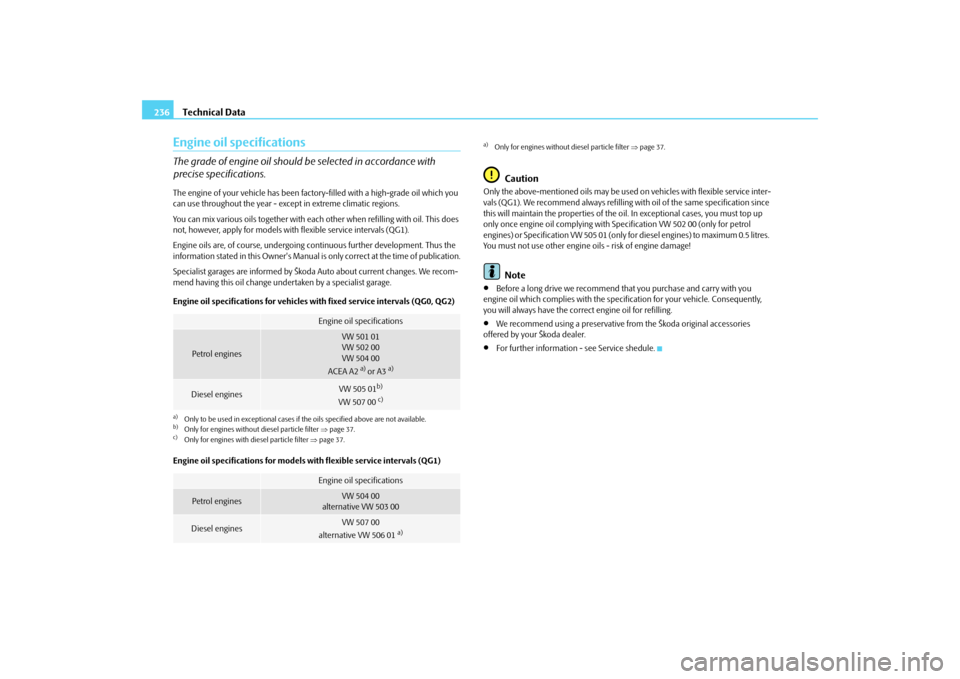 SKODA ROOMSTER 2009 1.G Owners Manual Technical Data 236Engine oil specificationsThe grade of engine oil should be selected in accordance with 
precise specifications.The engine of your vehicle has been factory-filled with a high-grade oi