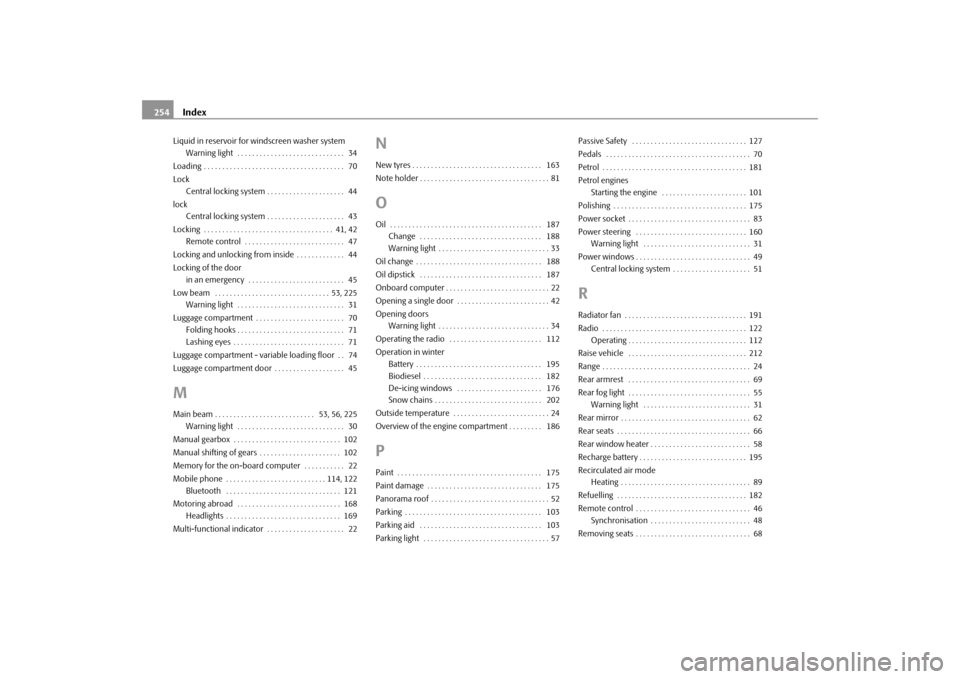 SKODA ROOMSTER 2009 1.G Owners Manual Index 254Liquid in reservoir for windscreen washer system
Warning light  . . . . . . . . . . . . . . . . . . . . . . . . . . . . .  34
Loading . . . . . . . . . . . . . . . . . . . . . . . . . . . . .