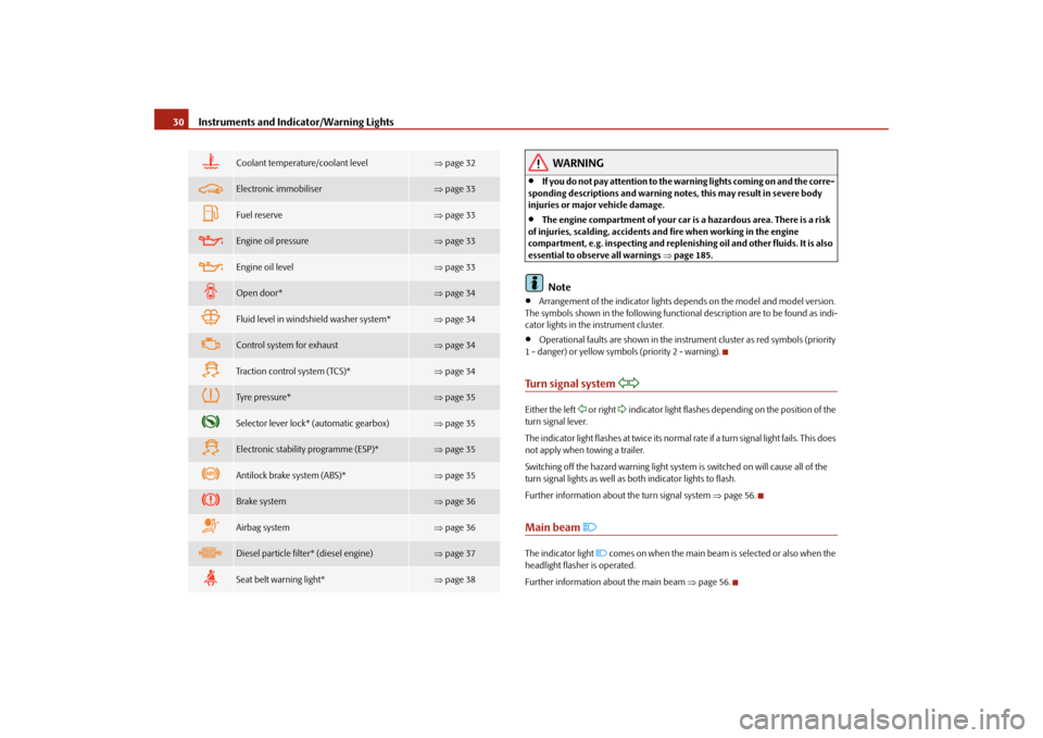 SKODA ROOMSTER 2009 1.G Owners Manual Instruments and Indicator/Warning Lights 30
WARNING
•
If you do not pay attention to the warning lights coming on and the corre-
sponding descriptions and warning notes, this may result in severe bo