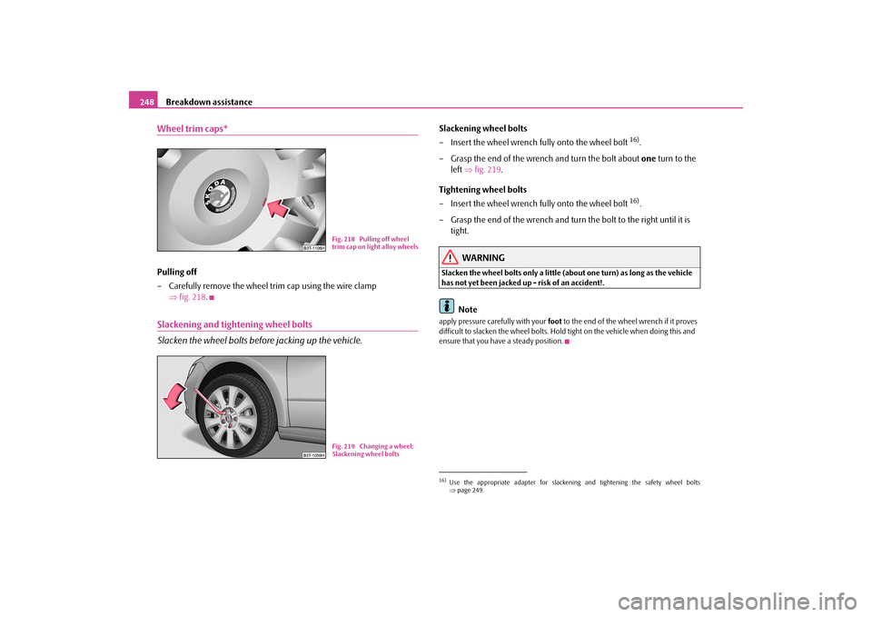 SKODA SUPERB 2009 2.G / (B6/3T) Owners Manual Breakdown assistance
248
Wheel trim caps*Pulling off – Carefully remove the wheel tr
im cap using the wire clamp
⇒
fig. 218
.
Slackening and tightening wheel bolts Slacken the wheel bolts befo SKODA SUPERB 2009 2.G / (B6/3T) Owners Manual Breakdown assistance
248
Wheel trim caps*Pulling off – Carefully remove the wheel tr
im cap using the wire clamp
⇒
fig. 218
.
Slackening and tightening wheel bolts Slacken the wheel bolts befo