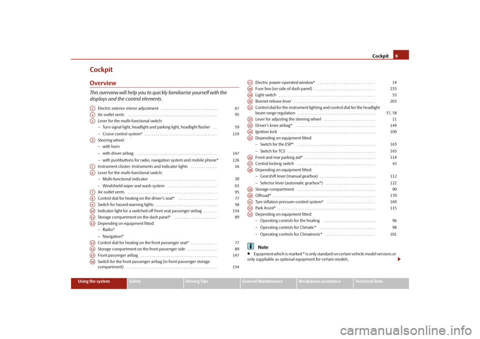SKODA YETI 2009 1.G / 5L Owners Manual Cockpit
9
Using the system
Safety
Driving Tips
General Maintenance
Breakdown assistance
Technical Data
CockpitOverviewThis overview will help you to quic
kly familiarise yourself with the  
displays a