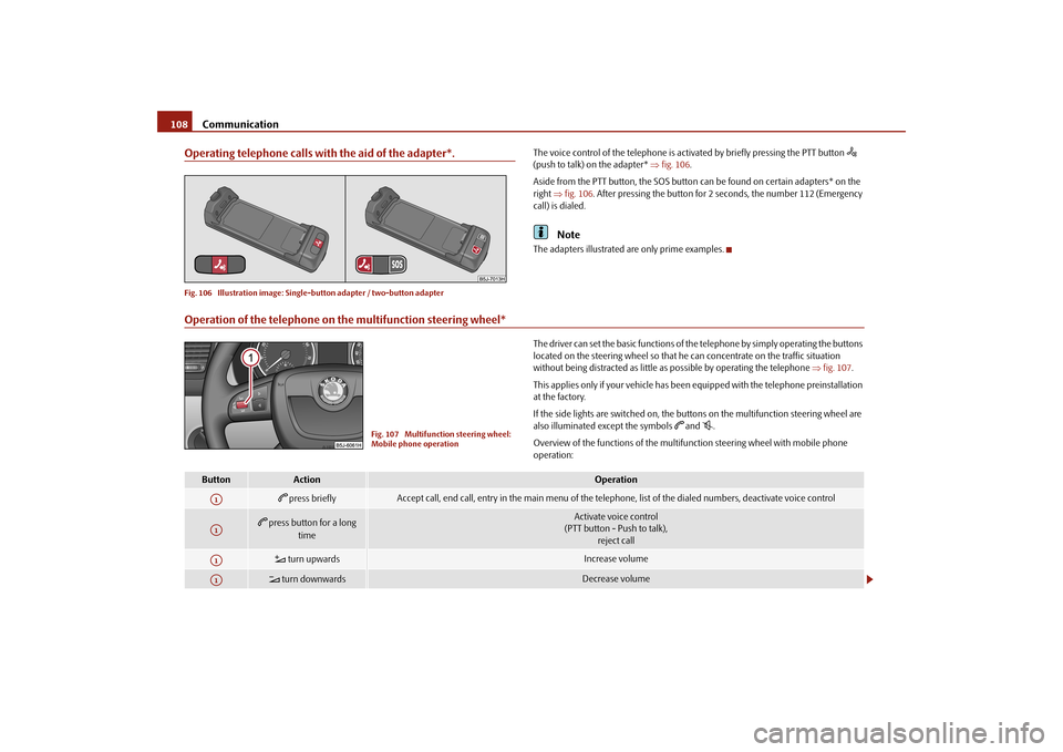 SKODA FABIA 2010 2.G / 5J Owners Manual Communication
108
Operating telephone calls with the aid of the adapter*.Fig. 106 Illustration image: Single
-button adapter / two-button adapter
The voice control of the telephone is acti
vated by b SKODA FABIA 2010 2.G / 5J Owners Manual Communication
108
Operating telephone calls with the aid of the adapter*.Fig. 106 Illustration image: Single
-button adapter / two-button adapter
The voice control of the telephone is acti
vated by b