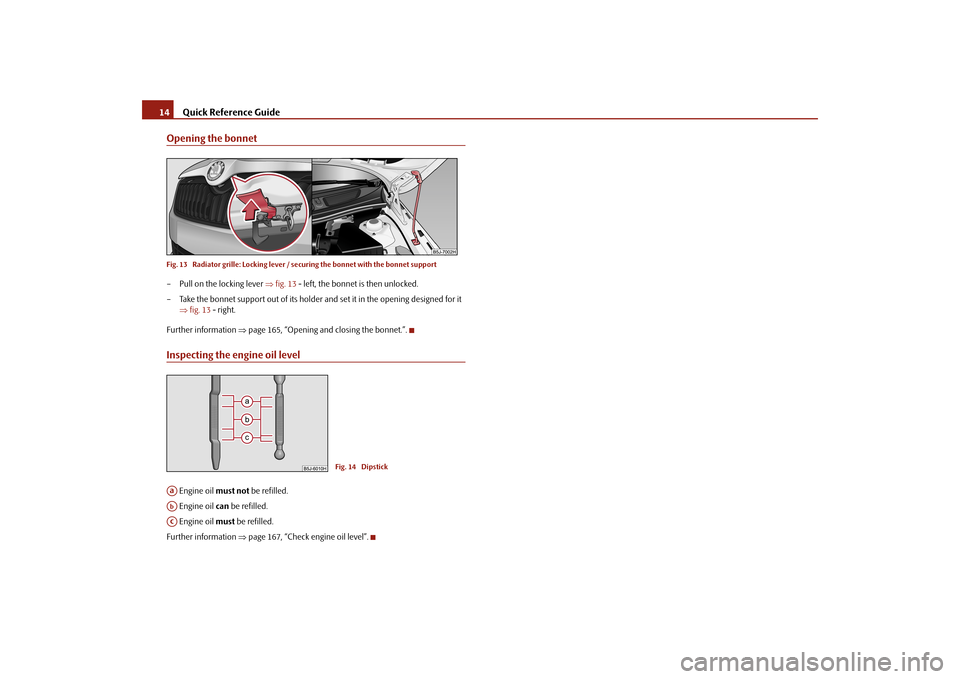 SKODA FABIA 2010 2.G / 5J Owners Manual Quick Reference Guide
14Opening the bonnetFig. 13  Radiator grille: Locking lever / se
curing the bonnet with the bonnet support
– Pull on the locking lever 
fig. 13
 - left, the bonnet is then u