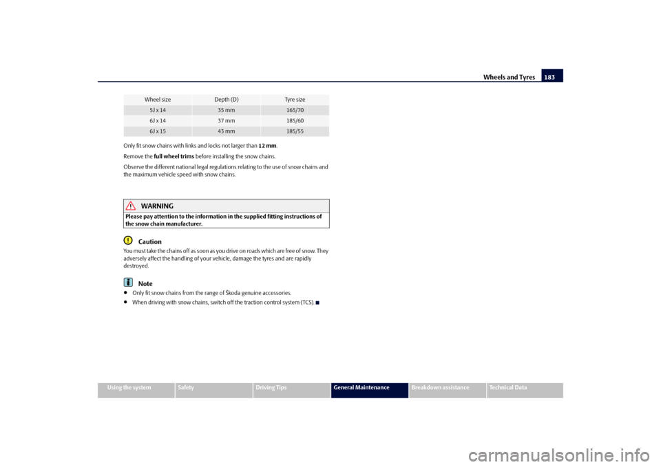 SKODA FABIA 2010 2.G / 5J Owners Manual Wheels and Tyres
183
Using the system
Safety
Driving Tips
General Maintenance
Breakdown assistance
Technical Data 
Only fit snow chains with links and locks not larger than  
12 mm
. 
Remove the  
ful