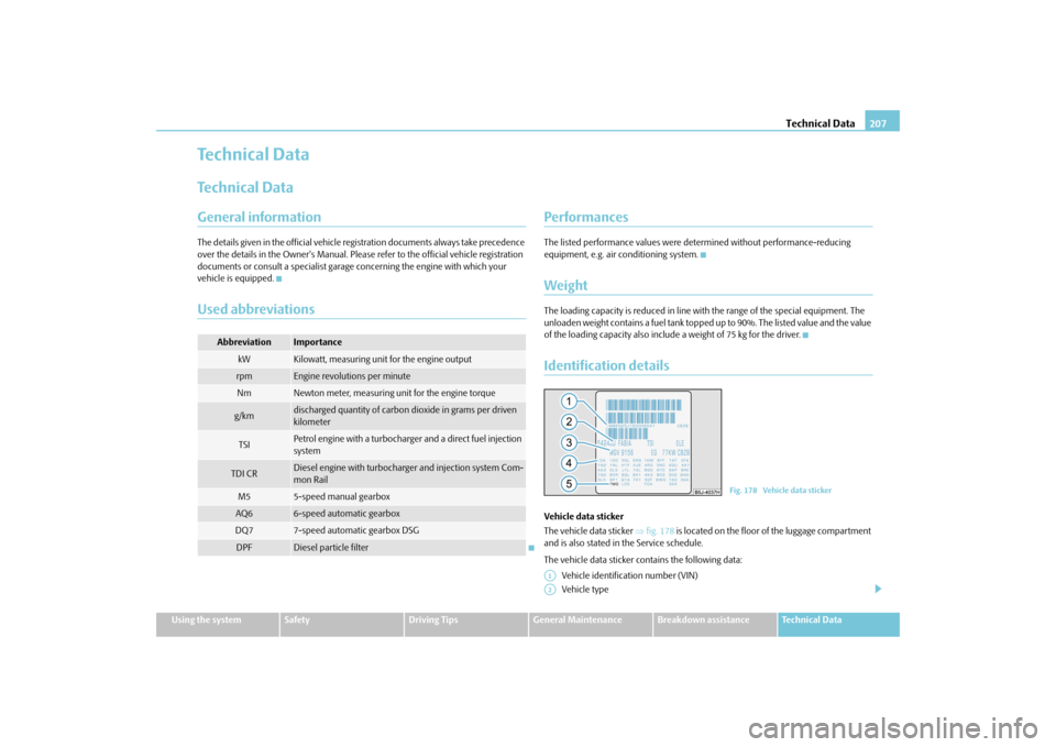 SKODA FABIA 2010 2.G / 5J Owners Manual Technical Data
207
Using the system
Safety
Driving Tips
General Maintenance
Breakdown assistance
Technical Data
Te c h n i c a l  D a t aTechnical DataGeneral informationThe details given in the offic