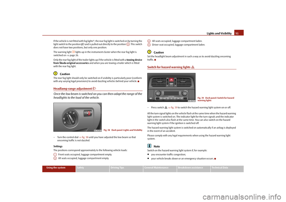 SKODA FABIA 2010 2.G / 5J Owners Manual Lights and Visibility
51
Using the system
Safety
Driving Tips
General Maintenance
Breakdown assistance
Technical Data 
If the vehicle is not fitted with fog lights*, the rear fog light is switched on 