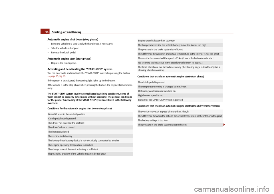 SKODA FABIA 2010 2.G / 5J Owners Manual Starting-off and Driving
96 Automatic engine shut down (stop phase)– Bring the vehicle to a stop (a 
pply the handbrake, if necessary). 
– Take the vehicle out of gear.– Release the clutch pedal