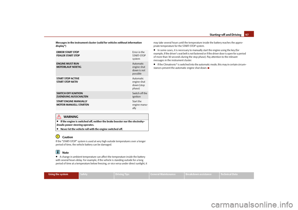 SKODA FABIA 2010 2.G / 5J Service Manual Starting-off and Driving
97
Using the system
Safety
Driving Tips
General Maintenance
Breakdown assistance
Technical Data
Messages in the instrument cluster (valid for vehicles without information di SKODA FABIA 2010 2.G / 5J Service Manual Starting-off and Driving
97
Using the system
Safety
Driving Tips
General Maintenance
Breakdown assistance
Technical Data
Messages in the instrument cluster (valid for vehicles without information di