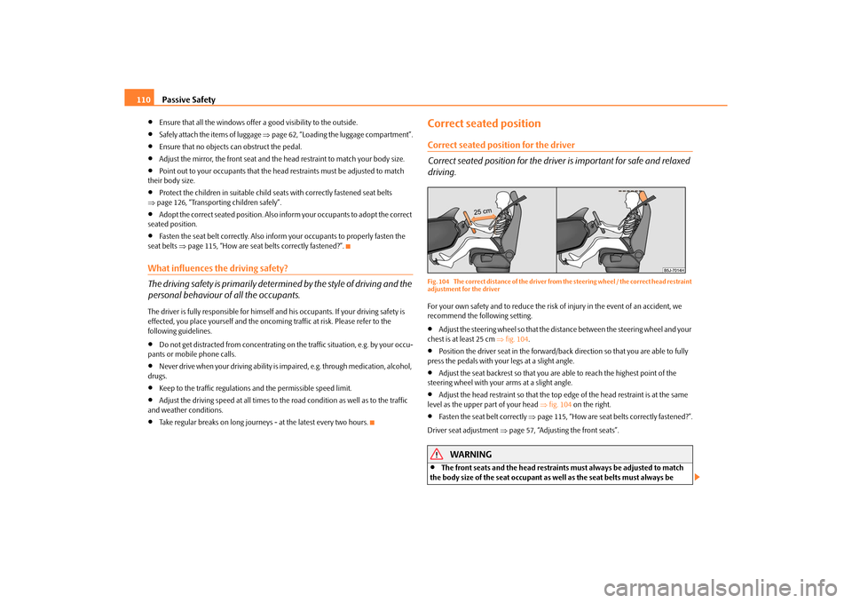 SKODA ROOMSTER 2010 1.G Owners Manual Passive Safety
110

Ensure that all the windows offer  a good visibility to the outside.

Safely attach the items of luggage page 62, “Loading the luggage compartment”.

Ensure that no