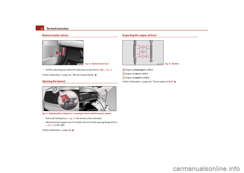 SKODA ROOMSTER 2010 1.G Owners Manual The brief instruction
14
Bonnet remote release– Pull the unlocking lever below the dash panel on the drivers side  fig. 12 .
Further information  page 161, “Bonnet remote release”.Opening