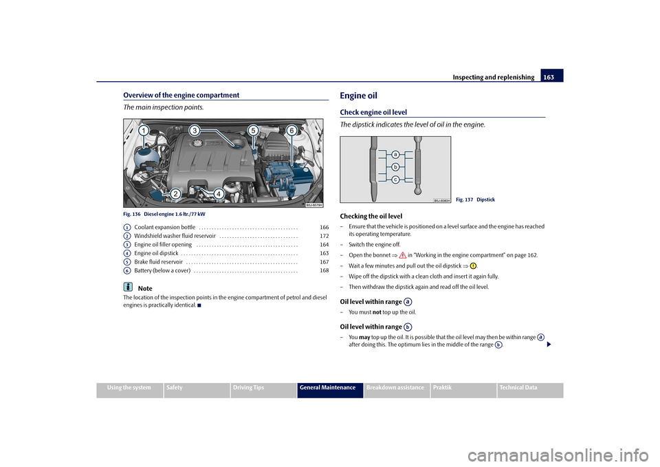 SKODA ROOMSTER 2010 1.G Owners Manual Inspecting and replenishing163
Using the system
Safety
Driving Tips
General Maintenance
Breakdown assistance
Praktik
Technical Data
Overview of the engine compartment
The main inspection points.Fig. 1