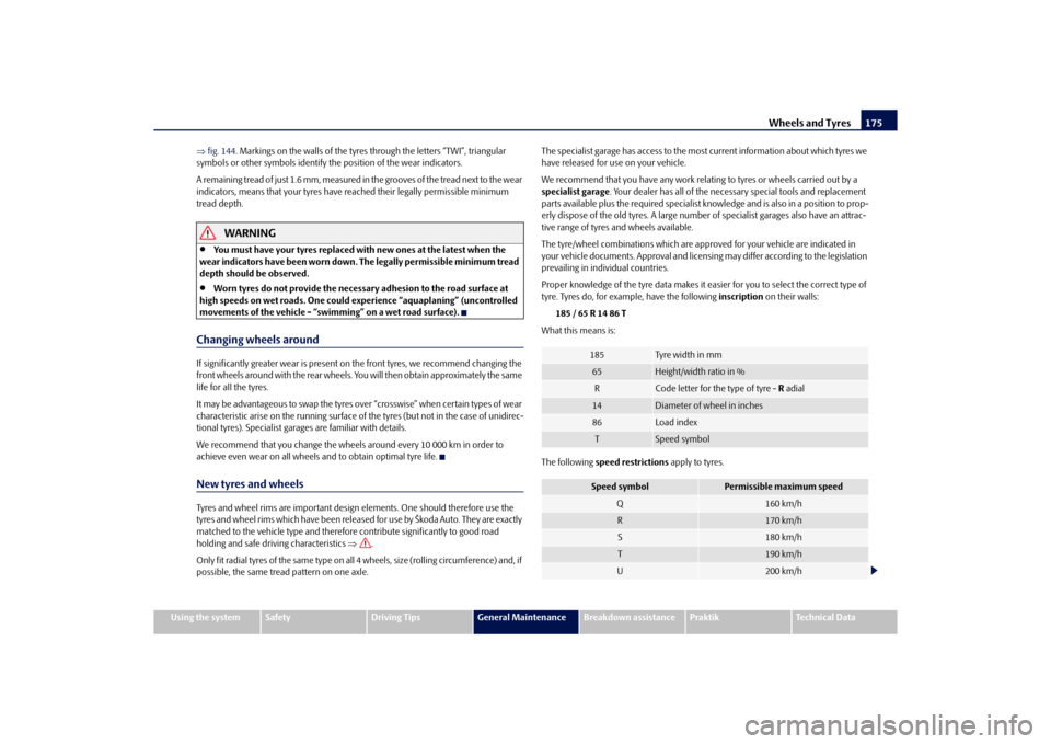 SKODA ROOMSTER 2010 1.G Owners Manual Wheels and Tyres175
Using the system
Safety
Driving Tips
General Maintenance
Breakdown assistance
Praktik
Technical Data

fig. 144 . Markings on the walls of the tyres  through the letters “TWI