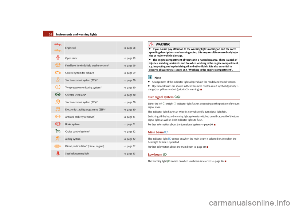 SKODA ROOMSTER 2010 1.G Owners Manual Instruments and warning lights
26
WARNING

If you do not pay attention to the warning lights coming on and the corre-
sponding descriptions and warning notes, this may result in severe body inju-
r