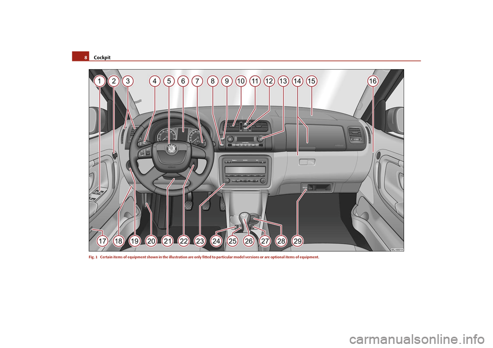 SKODA ROOMSTER 2010 1.G Owners Manual Cockpit
8Fig. 1  Certain items of equipment shown in the illustration are only fitted to partic ular model versions or are optional items of equipment.s16g.4.book  Page 8  Wednesday, February 10, 2010
