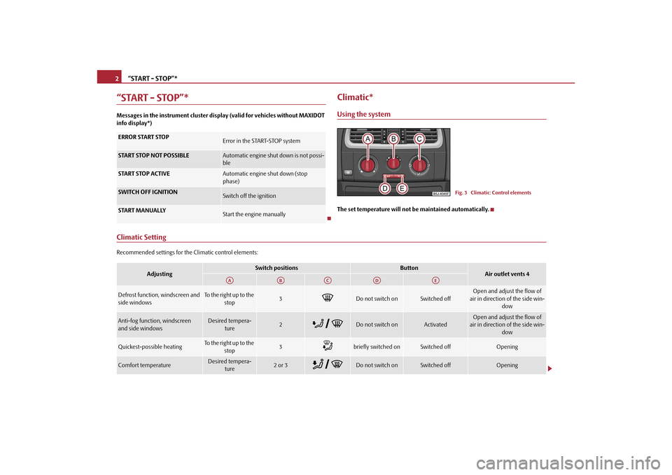 SKODA ROOMSTER 2010 1.G Technical Change “START - STOP”*
2
“START - STOP”*Messages in the instrument  cluster display (valid for vehicles without MAXIDOT 
info display*)
Climatic*Using the systemThe set temperature will not be mainta