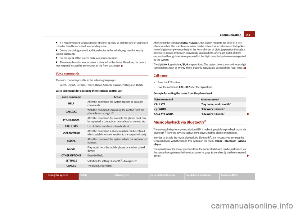 SKODA SUPERB 2010 2.G / (B6/3T) Owners Manual Communication151
Using the system
Safety
Driving Tips
General Maintenance
Breakdown assistance
Technical Data

It is recommended to speak louder at higher speeds, so that the tone of your voice 
is